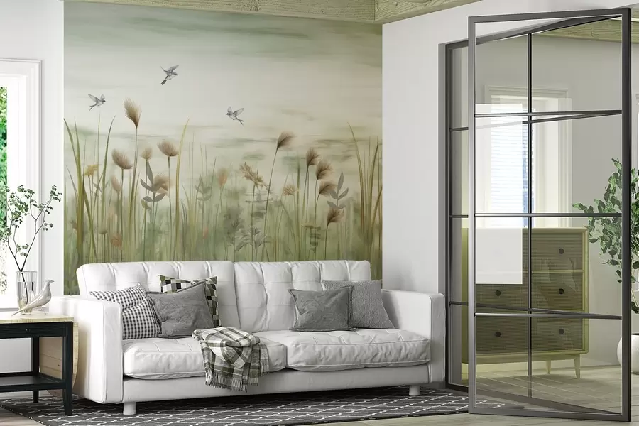 wall murals Grass landscape with swallows against soft sky w04258v1