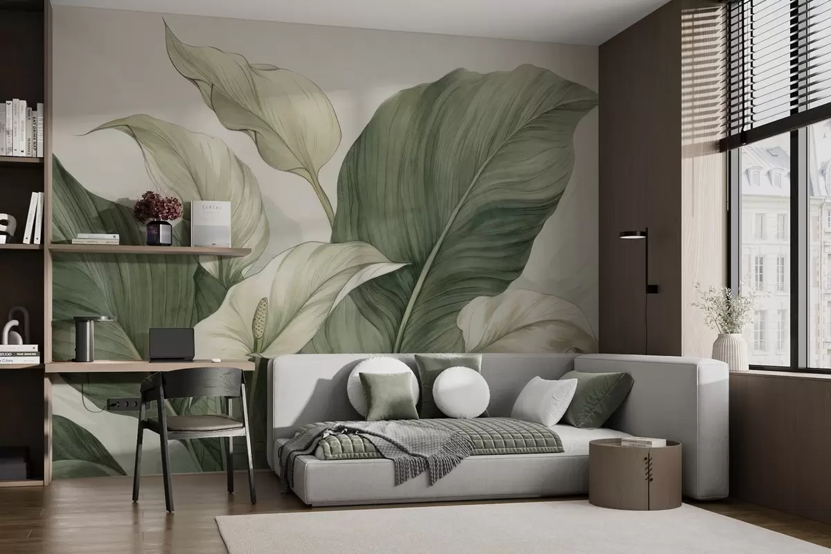 wall murals Close-up of blooming spathiphyllum with large leaves w04263