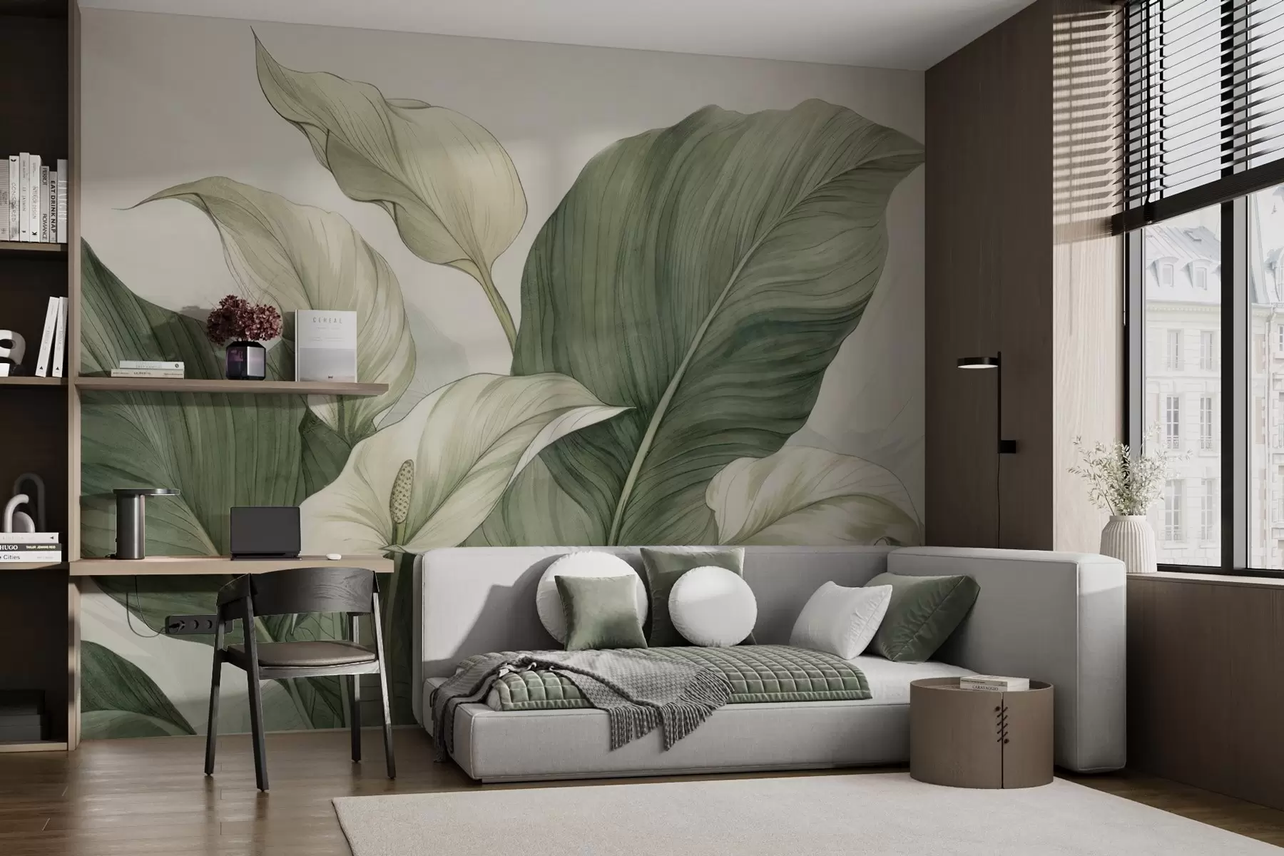 wall murals Close-up of blooming spathiphyllum with large leaves w04263