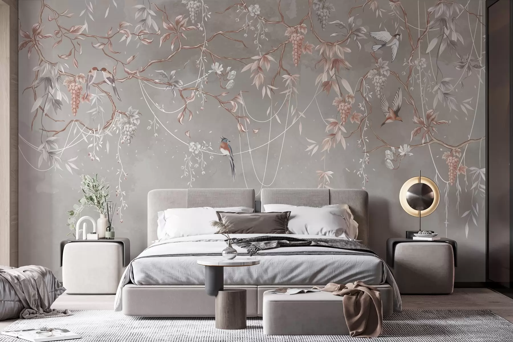 wall murals Branches with grapes and birds on warm gray-pink background w04302