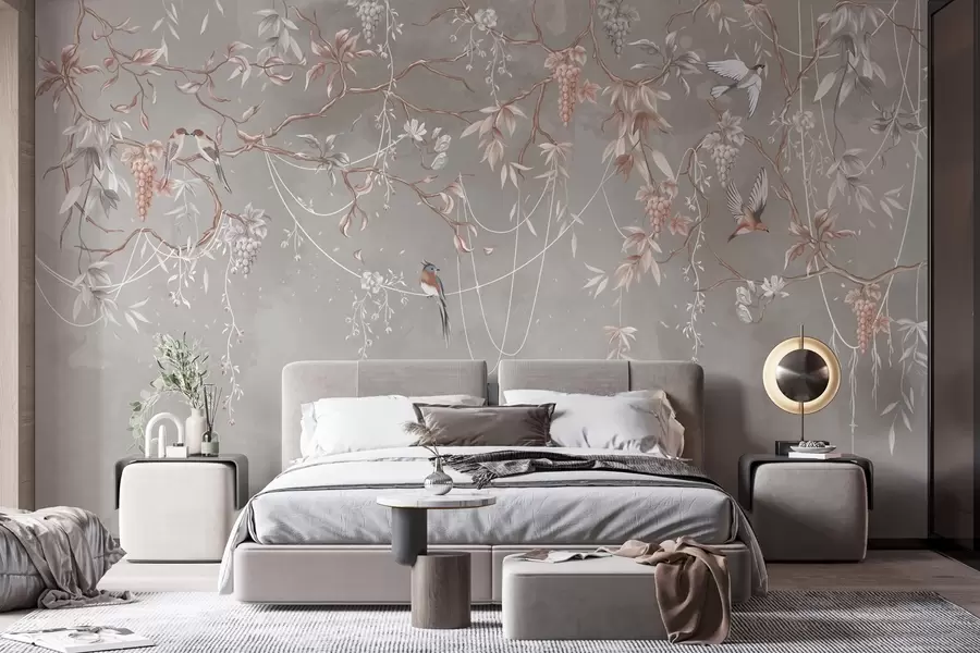 wall murals Branches with grapes and birds on warm gray-pink background w04302