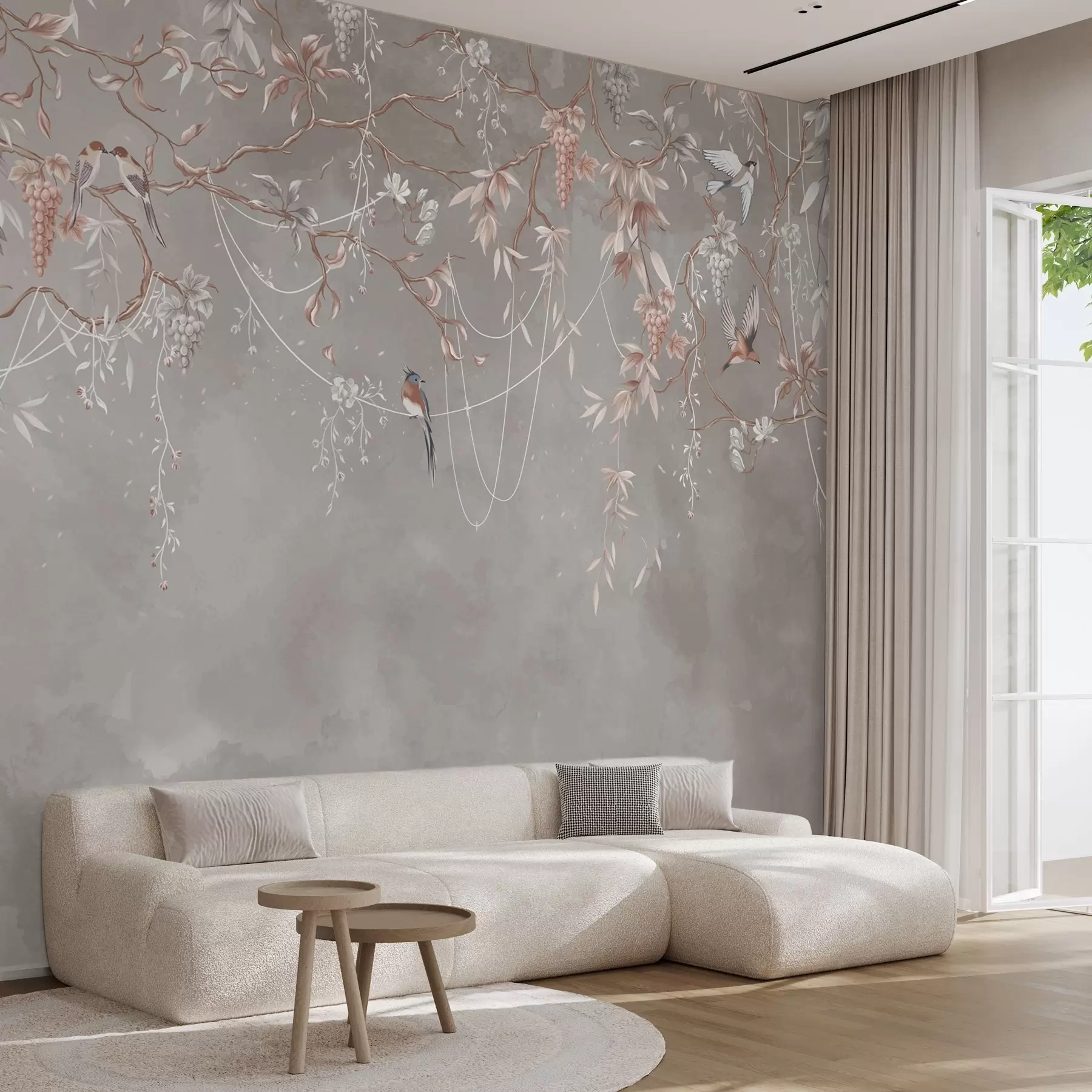 wall murals Branches with grapes and birds on warm gray-pink background w04302