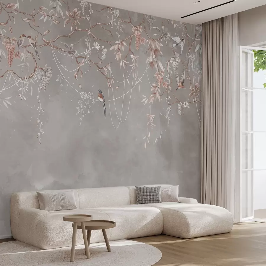 wall murals Branches with grapes and birds on warm gray-pink background w04302
