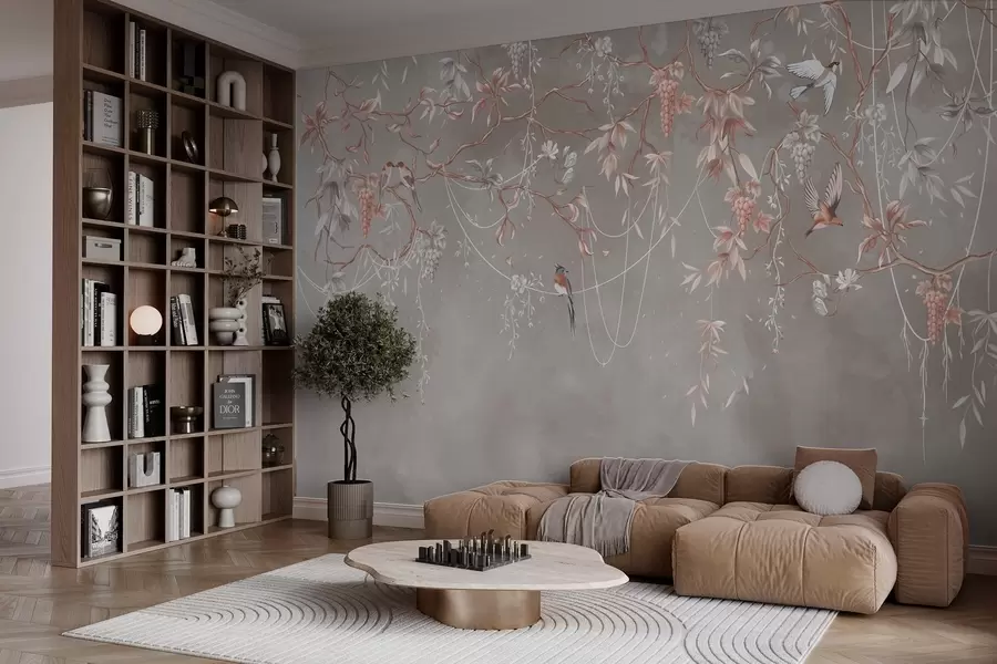 wall murals Branches with grapes and birds on warm gray-pink background w04302