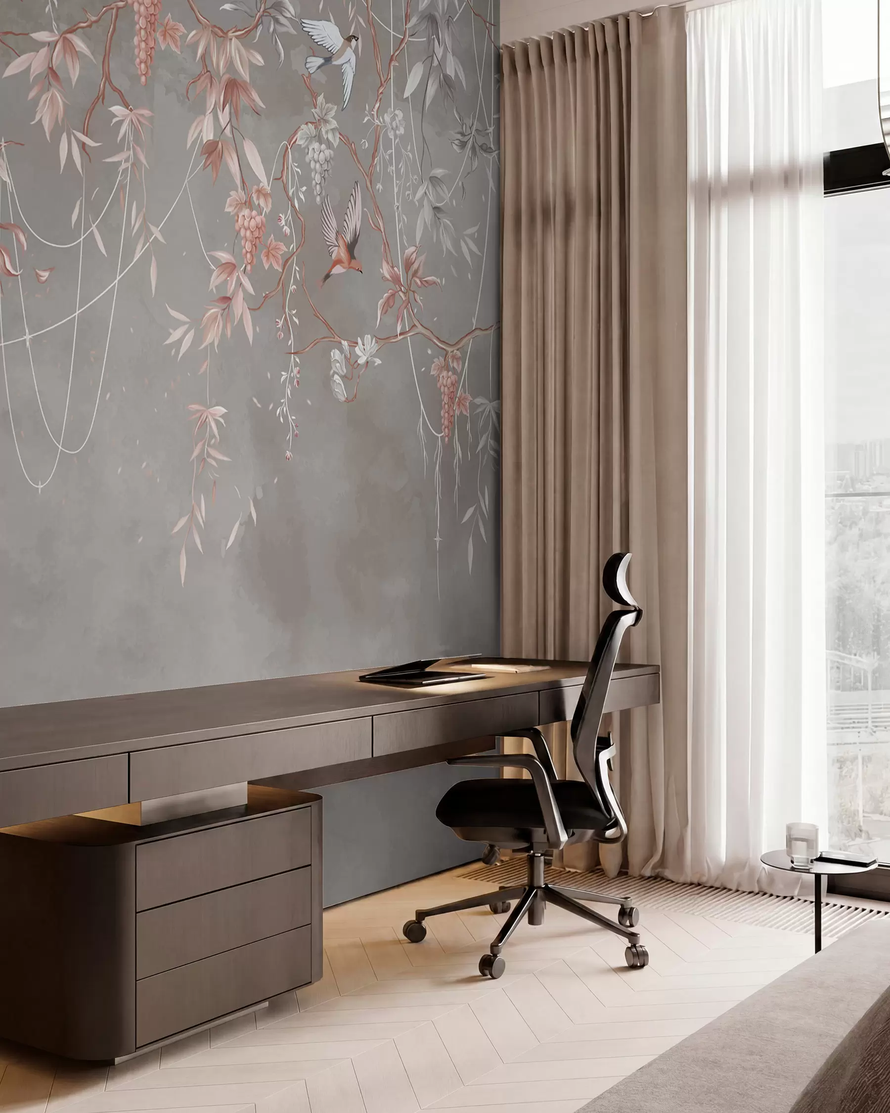 wall murals Branches with grapes and birds on warm gray-pink background w04302