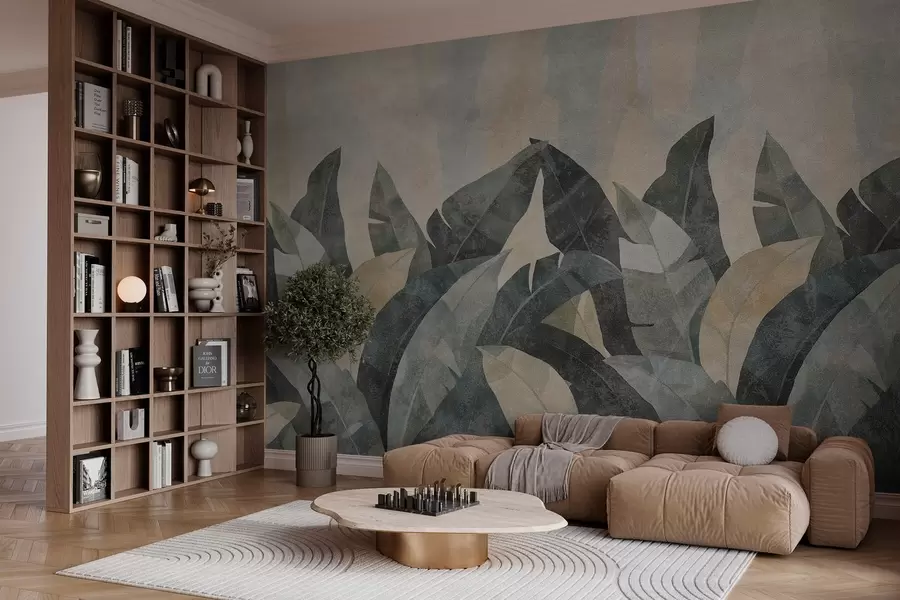 wall murals textured banana leaves in natural shades of beige, green and gray w04285