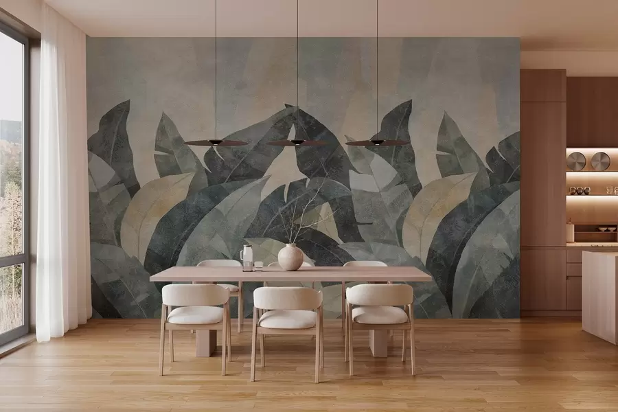 wall murals textured banana leaves in natural shades of beige, green and gray w04285