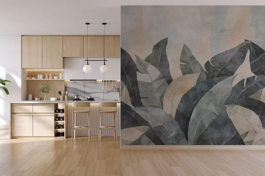 wall murals textured banana leaves in natural shades of beige, green and gray w04285