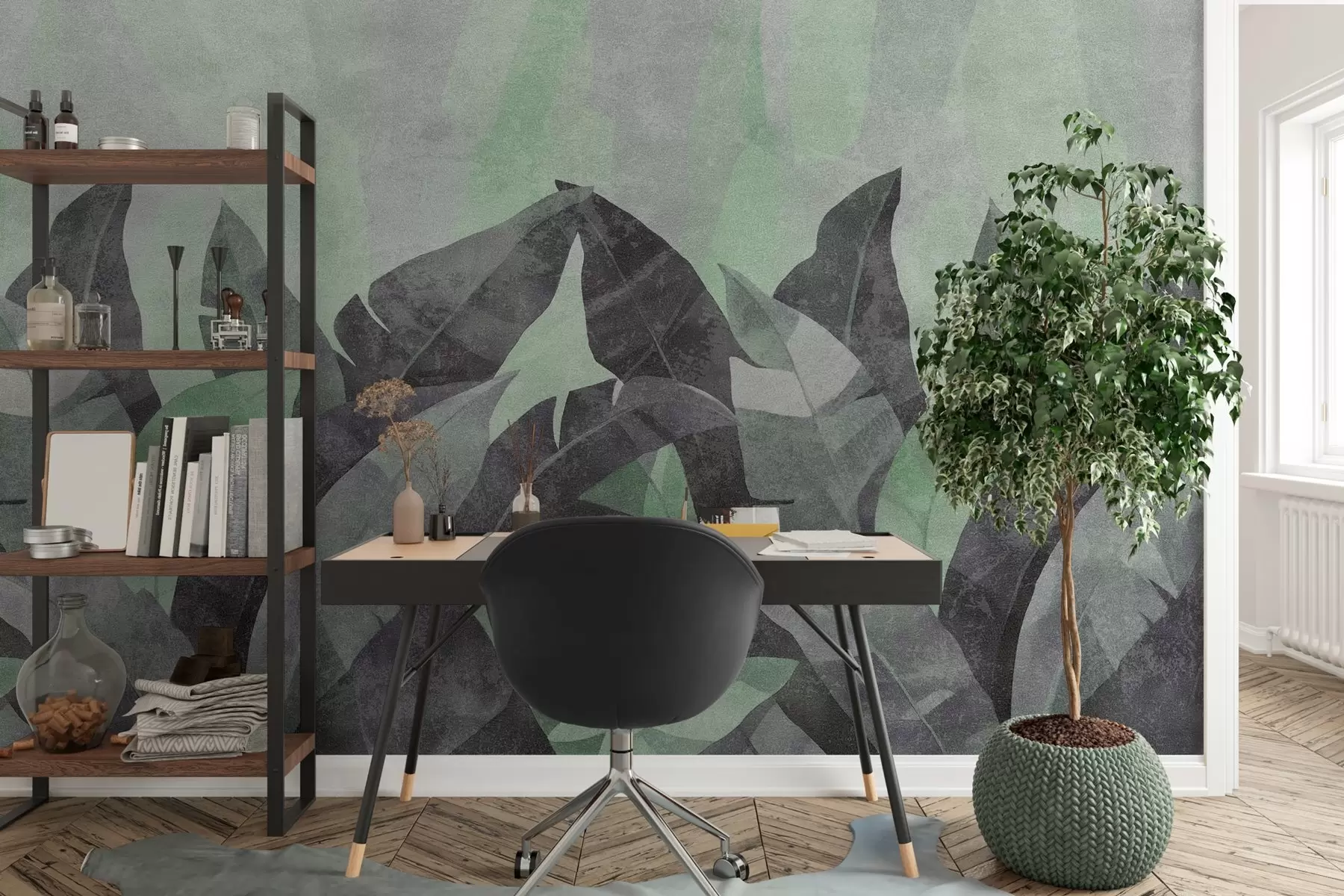wall murals textured banana leaves in shades of green and gray w04285v1