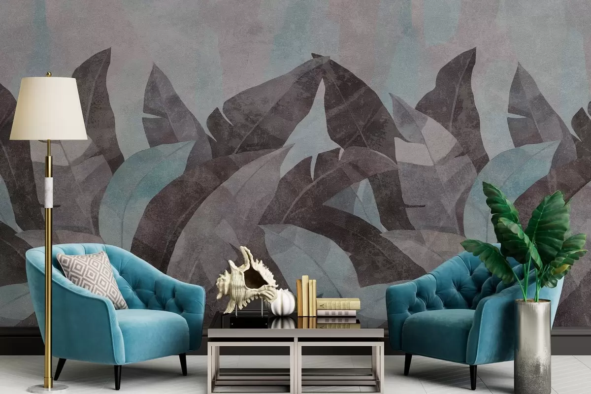 wall murals textured banana leaves in shades of blue and gray w04285v2