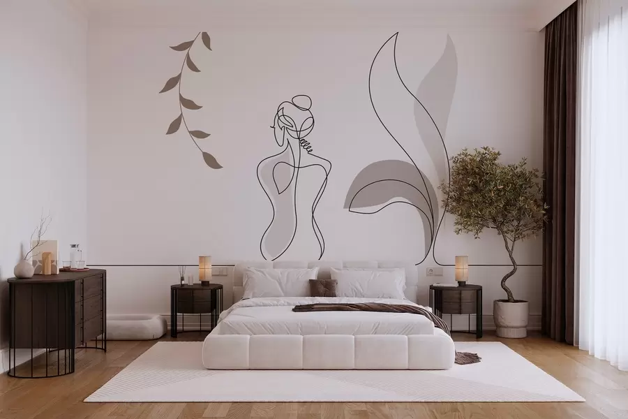 wall murals linear silhouette of a woman and leaves w04303