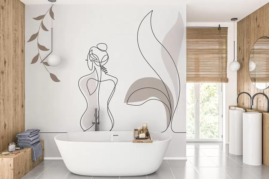 wall murals linear silhouette of a woman and leaves w04303