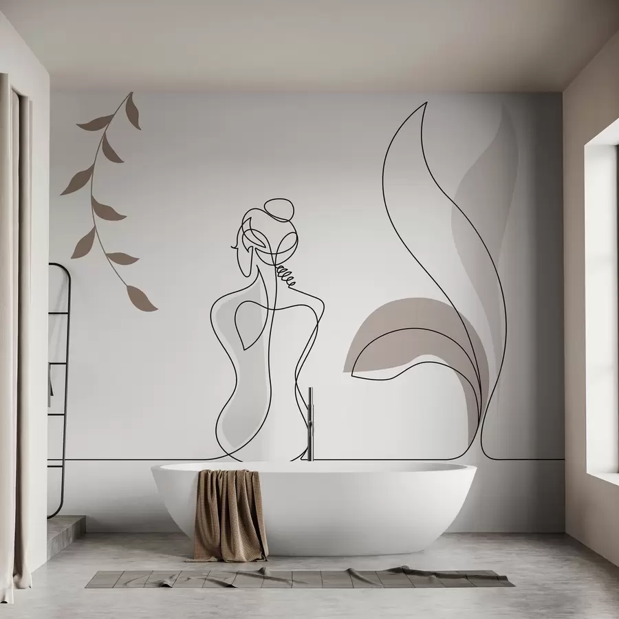 wall murals linear silhouette of a woman and leaves w04303