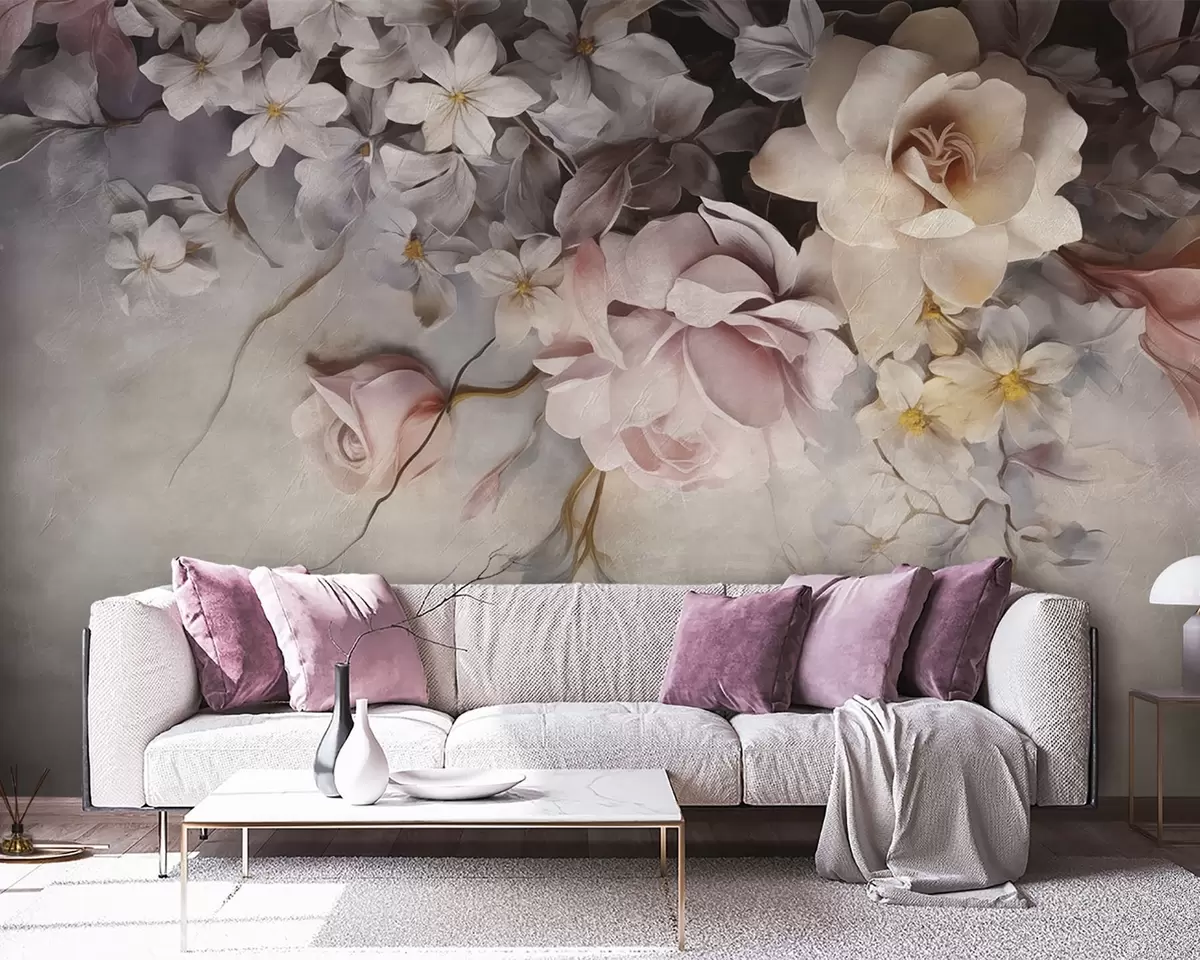wall murals Large flowers hanging down the wall on a concrete background w09184