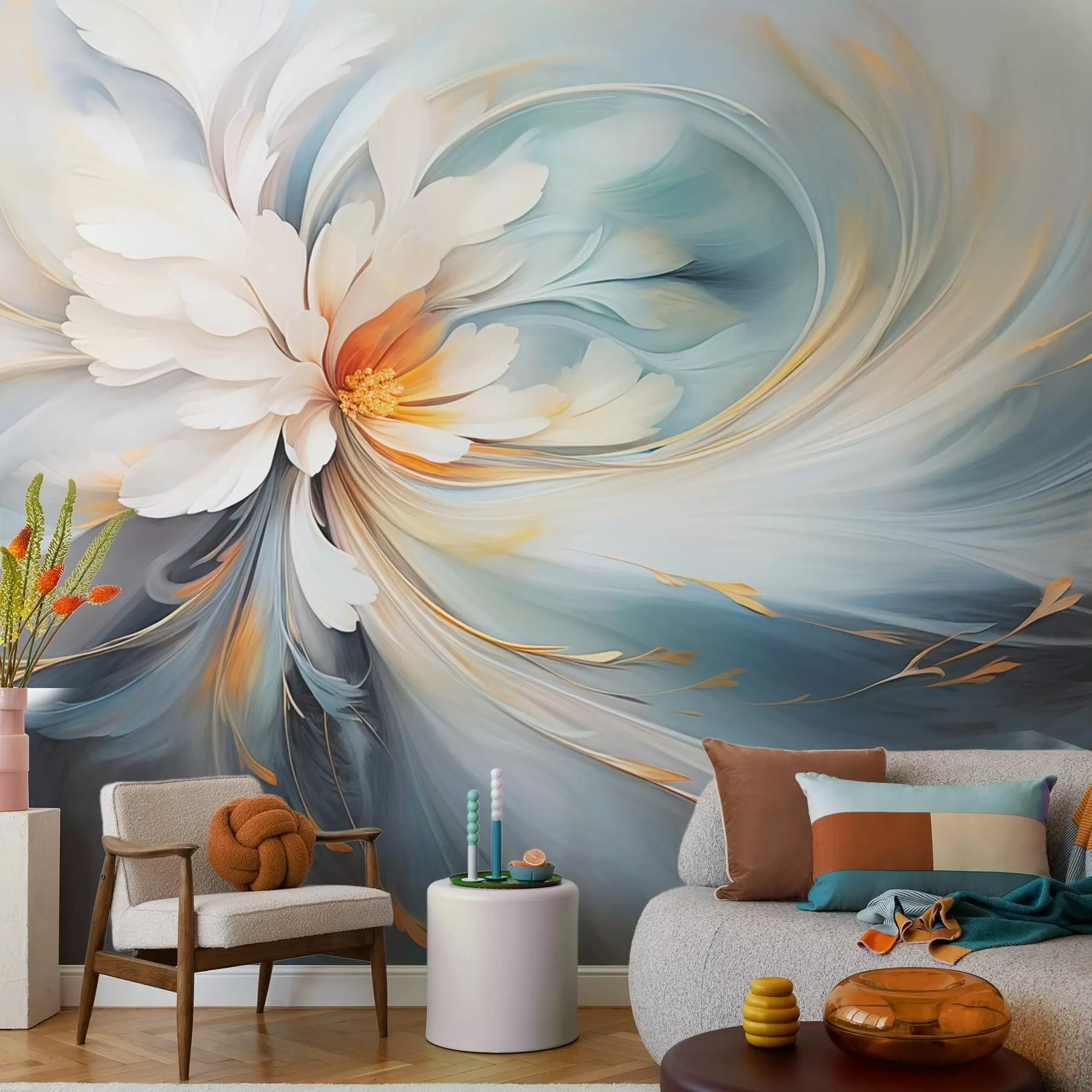 wall murals Abstract flower in soft blue and orange tones w09270