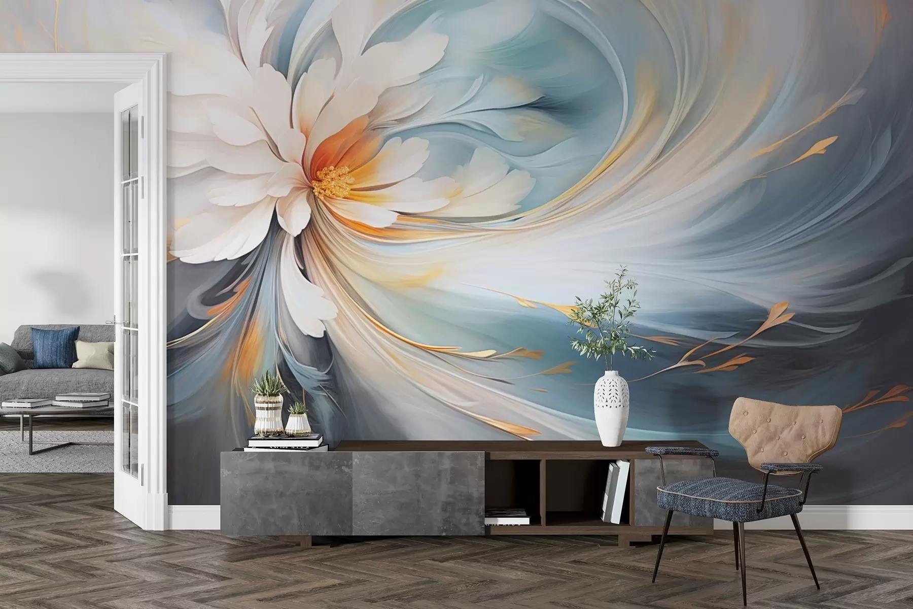 wall murals Abstract flower in soft blue and orange tones w09270