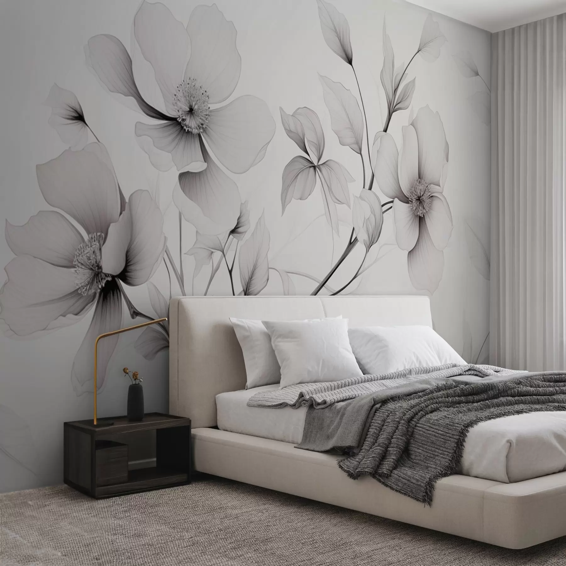 wall murals Black and white flowers with elegant lines on a gray background w09271