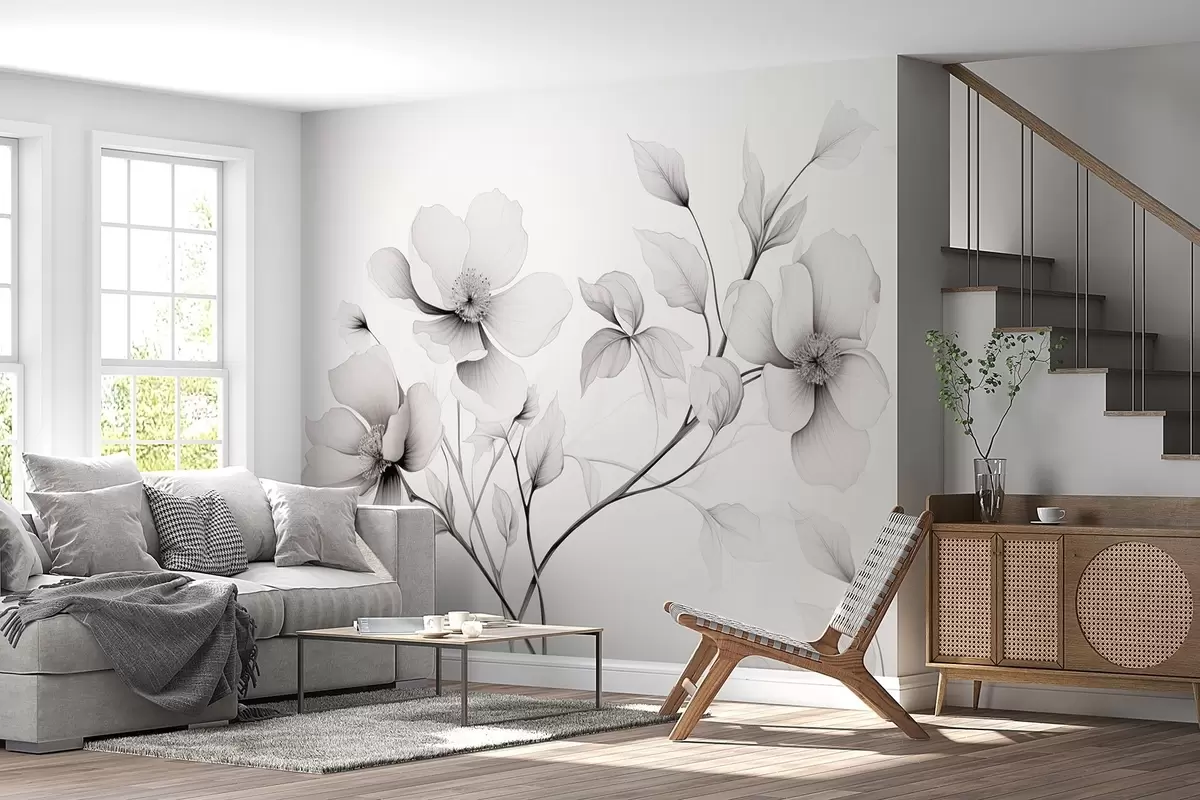 wall murals Black and white flowers with elegant lines on a gray background w09271