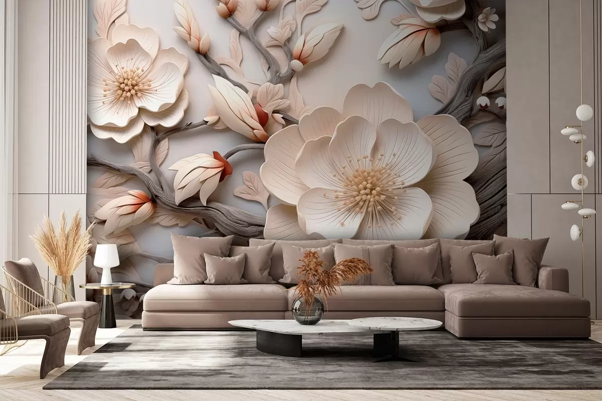 wall murals Volumetric flowers and branches in light tones w09272