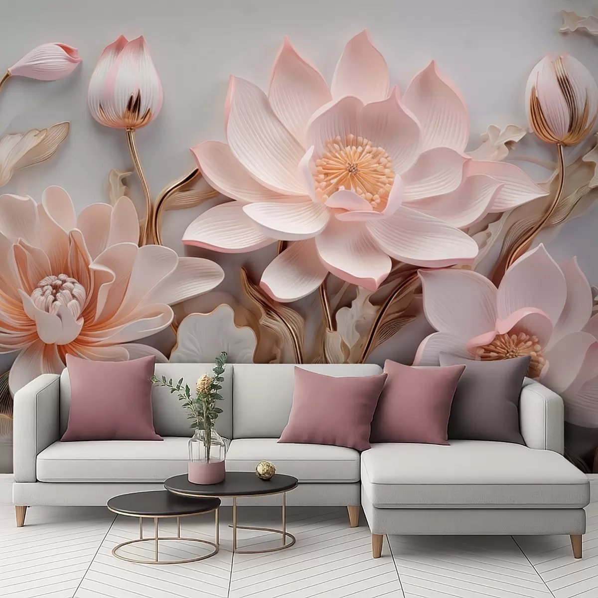 wall murals Volumetric pink flowers with yellow leaves w09277