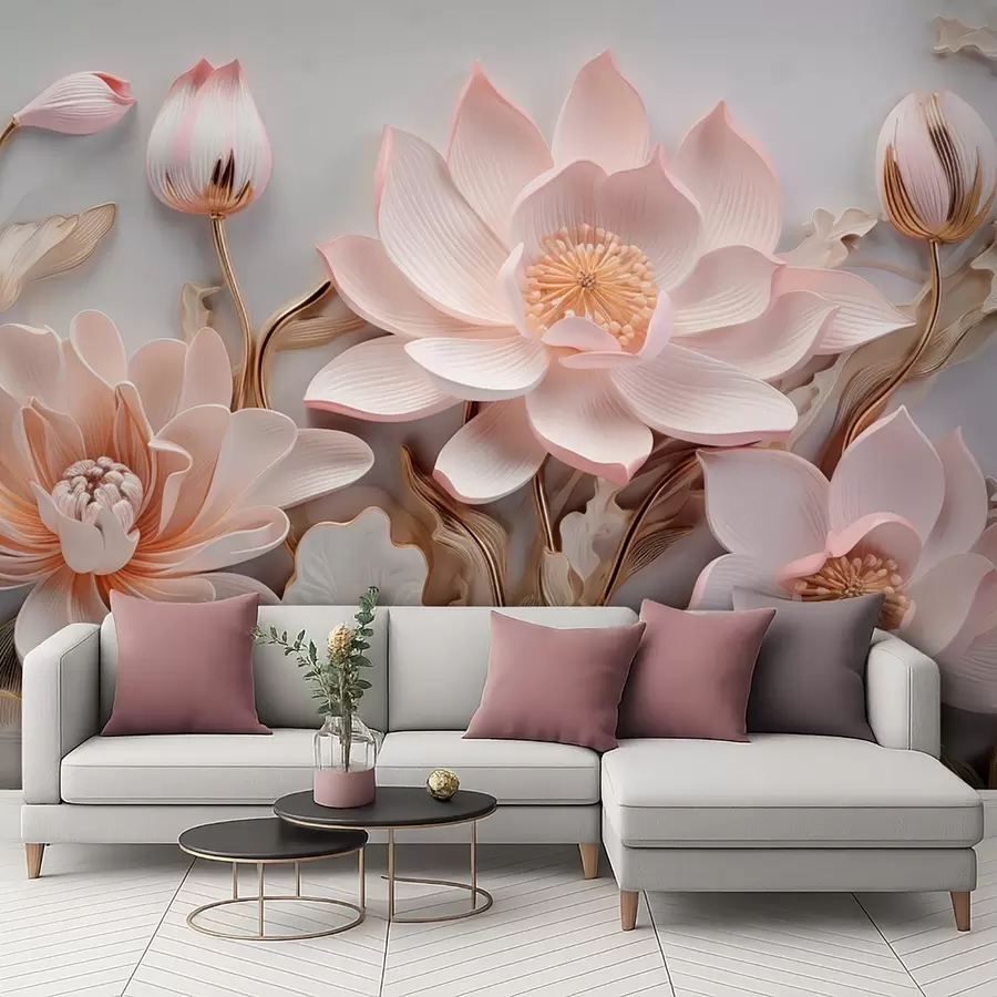 wall murals Volumetric pink flowers with yellow leaves w09277