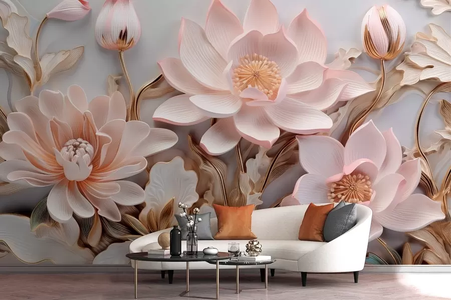 wall murals Volumetric pink flowers with yellow leaves w09277