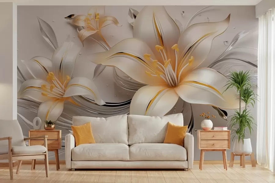 wall murals Yellow lilies with 3D effect on a light background w09278