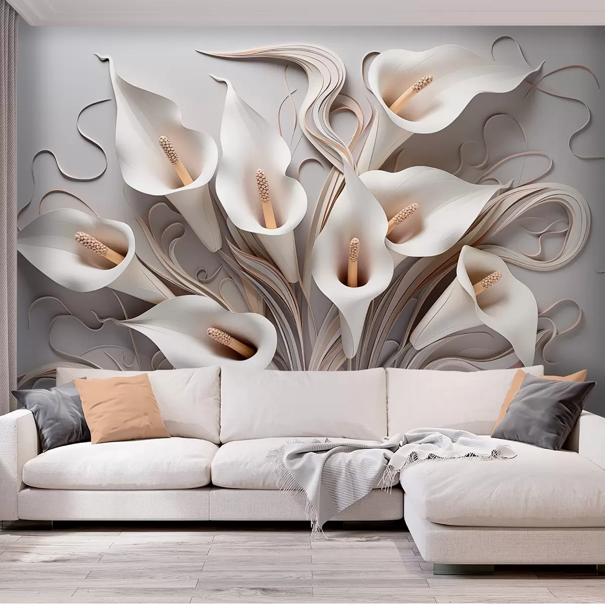 wall murals Volumetric calla lilies in creamy tones with 3D effect w09281