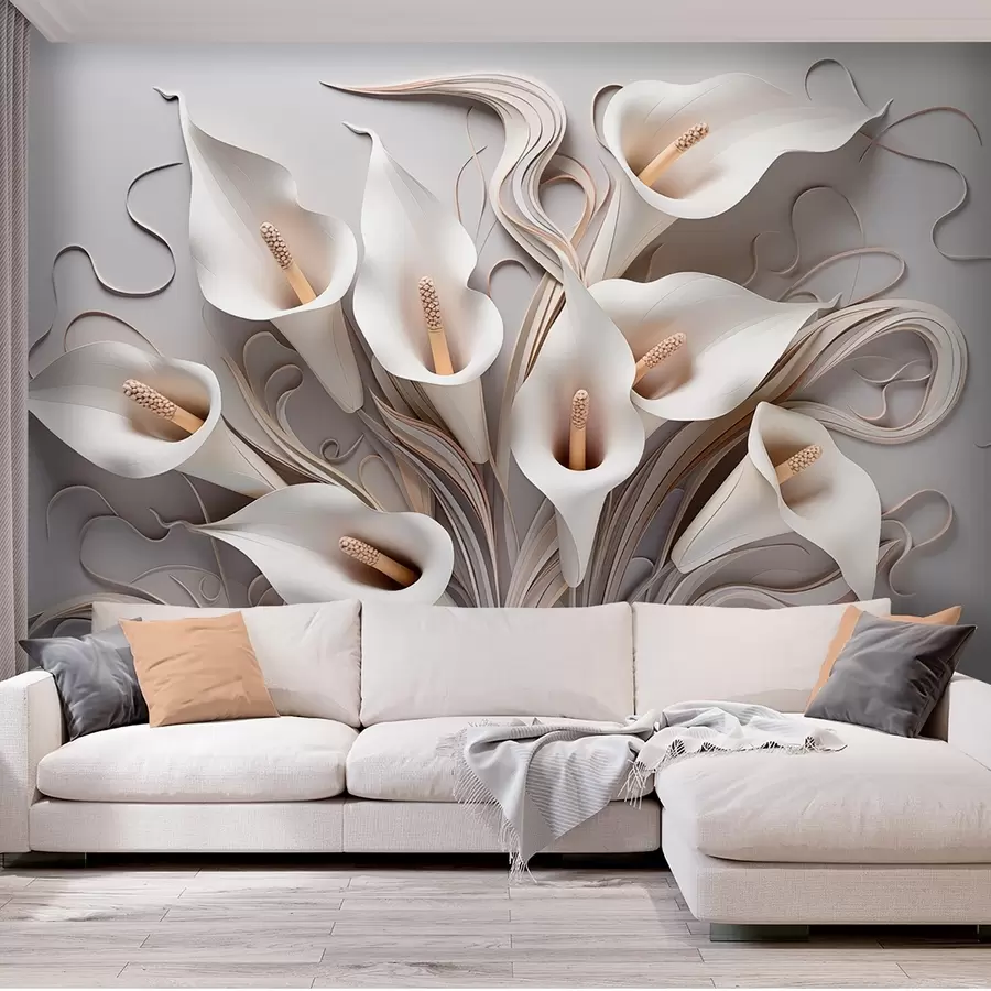 wall murals Volumetric calla lilies in creamy tones with 3D effect w09281