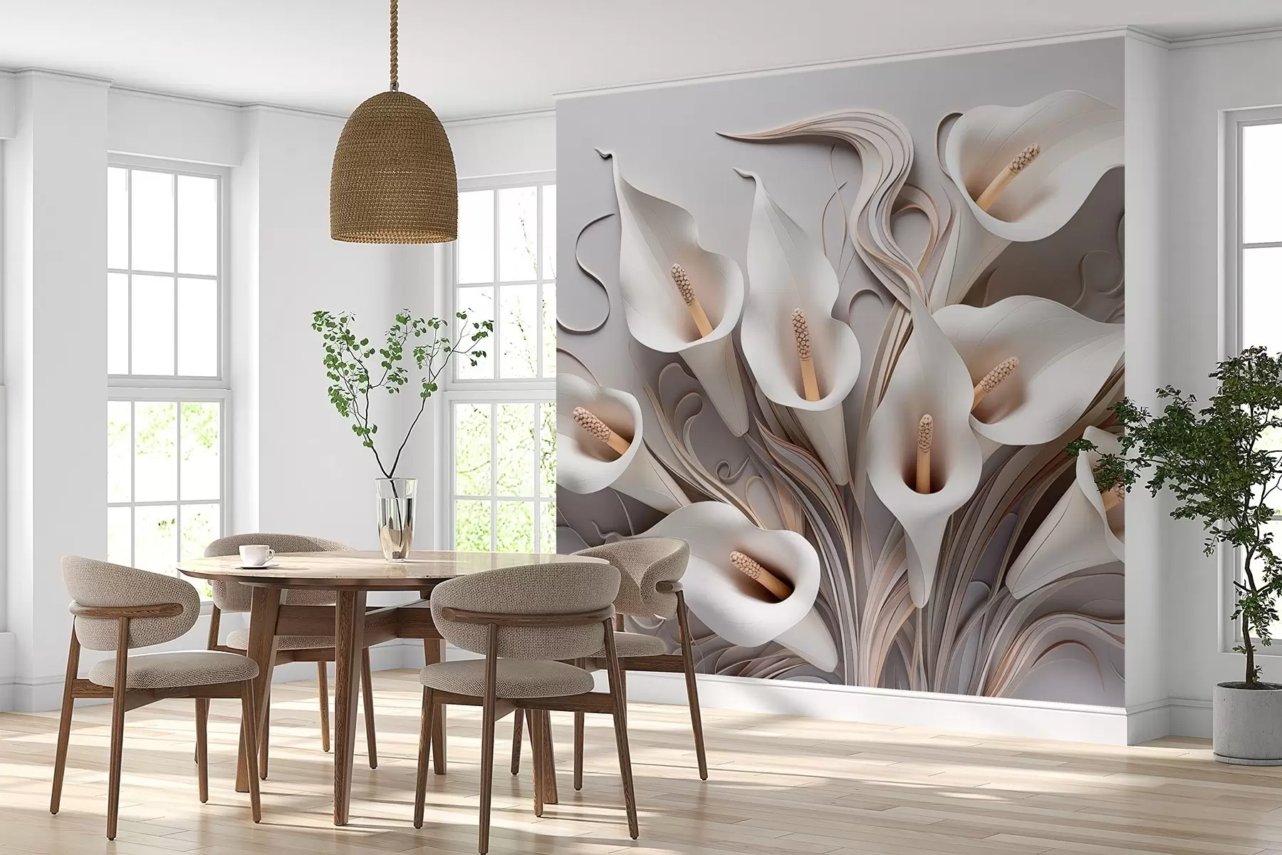 wall murals Volumetric calla lilies in creamy tones with 3D effect w09281