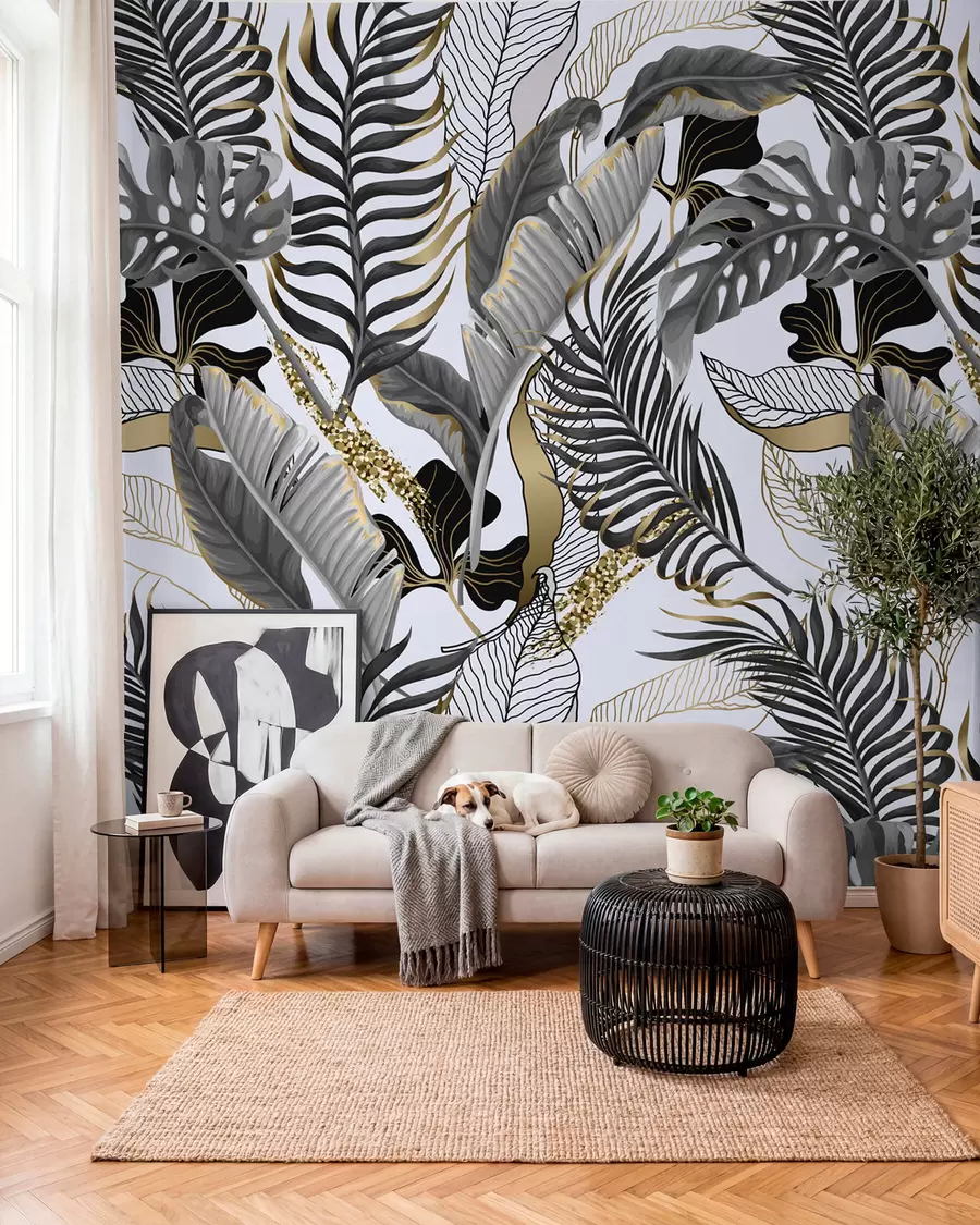 wall murals Tropical leaves gray on a white background u71888