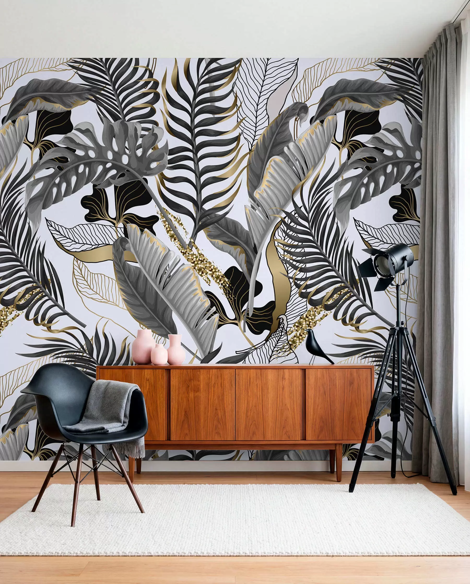 wall murals Tropical leaves gray on a white background u71888