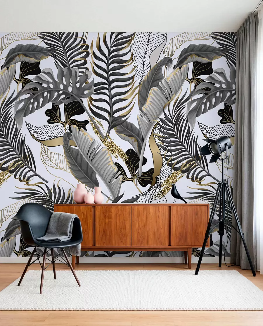 wall murals Tropical leaves gray on a white background u71888
