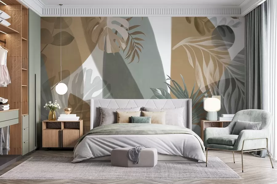 wall murals Monstera leaves and palm leaves in a pattern with brown, white and green colors, tropical vibe, abstract shapes, decorative w09288