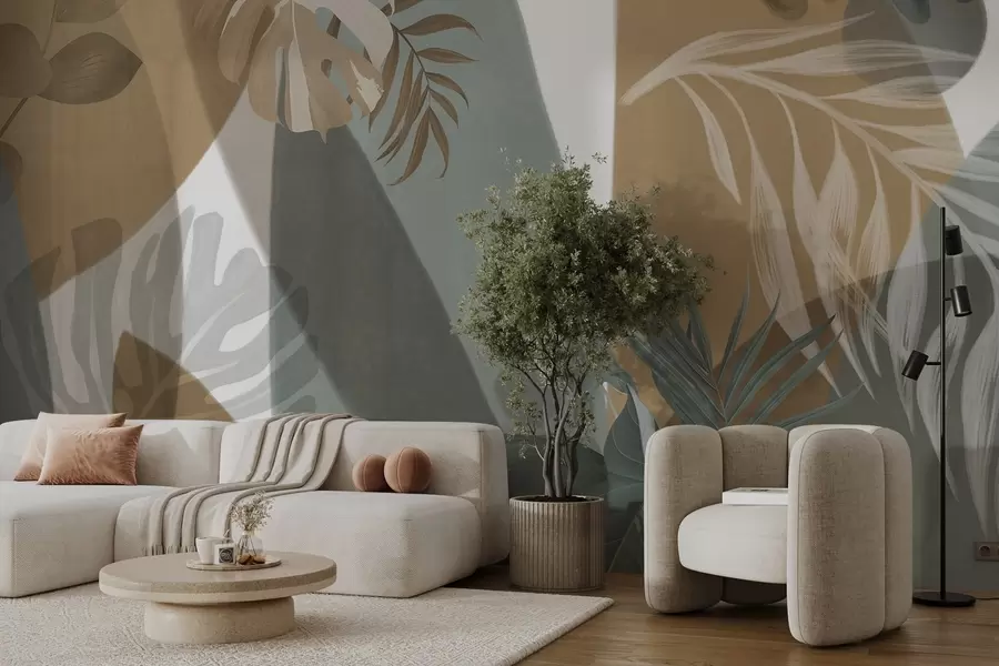 wall murals Monstera leaves and palm leaves in a pattern with brown, white and green colors, tropical vibe, abstract shapes, decorative w09288