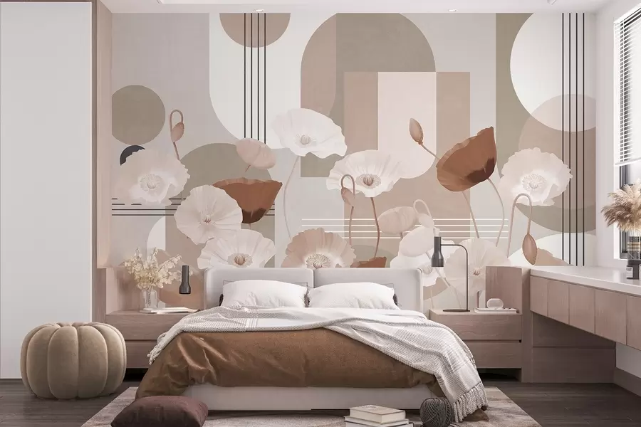 wall murals Poppies in white and beige colors with geometric shapes in the background, circles and arches, minimalist style, soft colors w09289