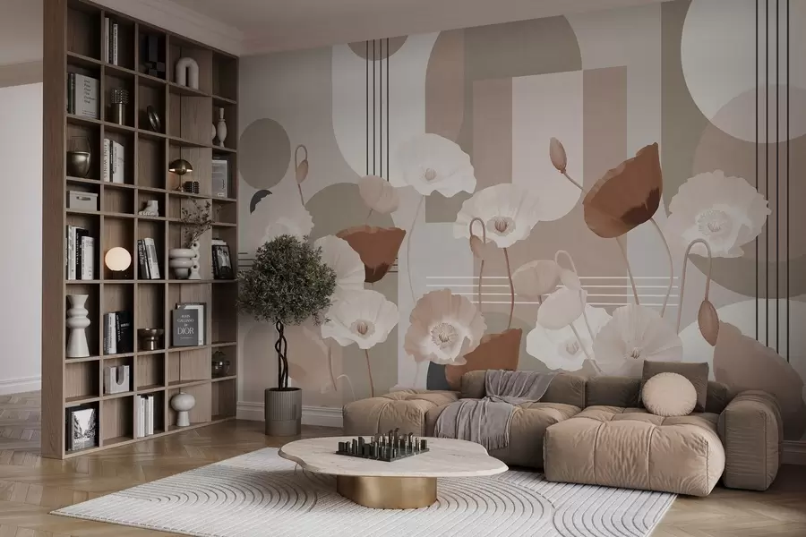 wall murals Poppies in white and beige colors with geometric shapes in the background, circles and arches, minimalist style, soft colors w09289