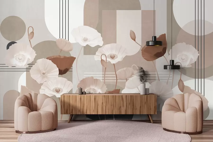 wall murals Poppies in white and beige colors with geometric shapes in the background, circles and arches, minimalist style, soft colors w09289