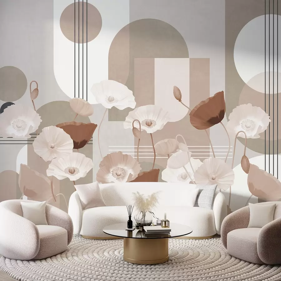 wall murals Poppies in white and beige colors with geometric shapes in the background, circles and arches, minimalist style, soft colors w09289