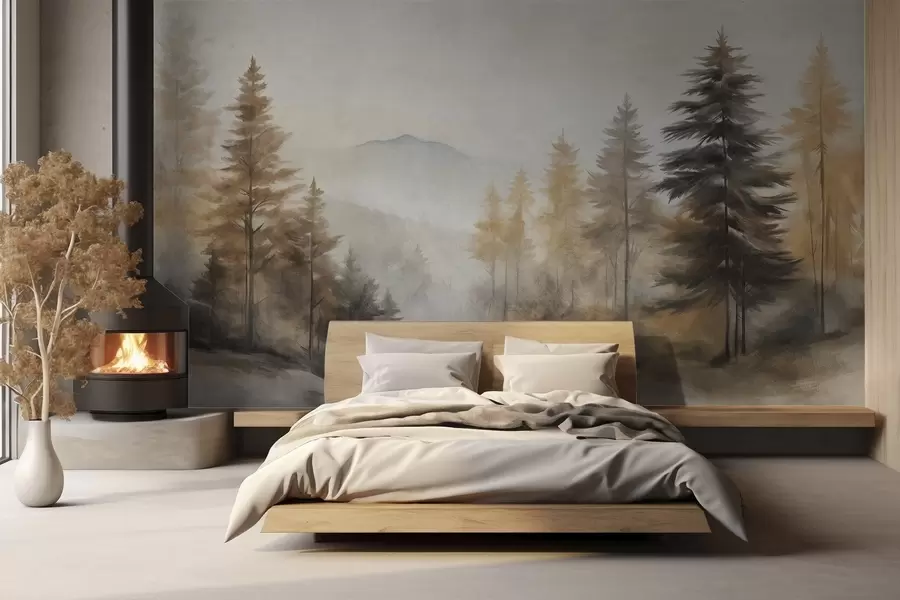 wall murals Textured autumn forest with tall pine trees and mountains in the background, the colors are muted and earthy painting style w09290
