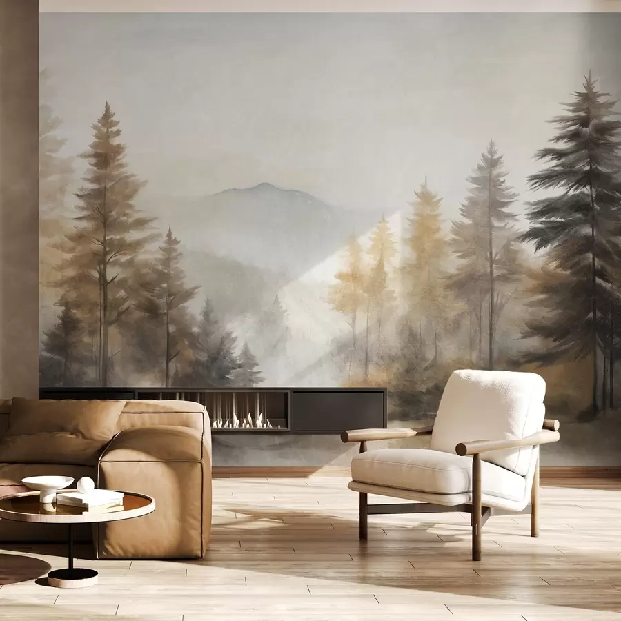 wall murals Textured autumn forest with tall pine trees and mountains in the background, the colors are muted and earthy painting style w09290
