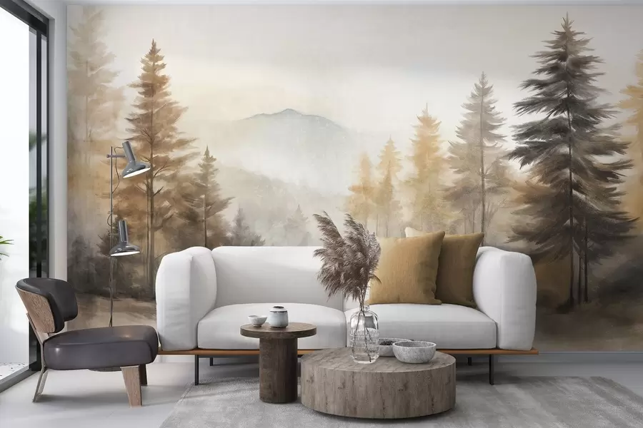 wall murals Textured autumn forest with tall pine trees and mountains in the background, the colors are muted and earthy painting style w09290