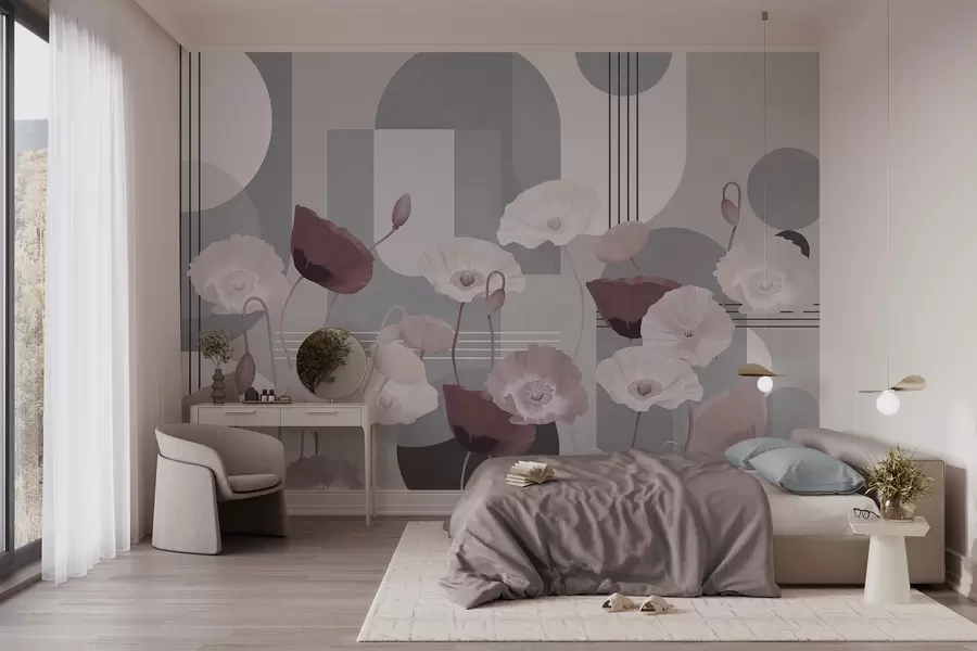wall murals Poppies in white and gray colors with geometric shapes in the background, circles and arches, minimalist style, soft colors w09289v1