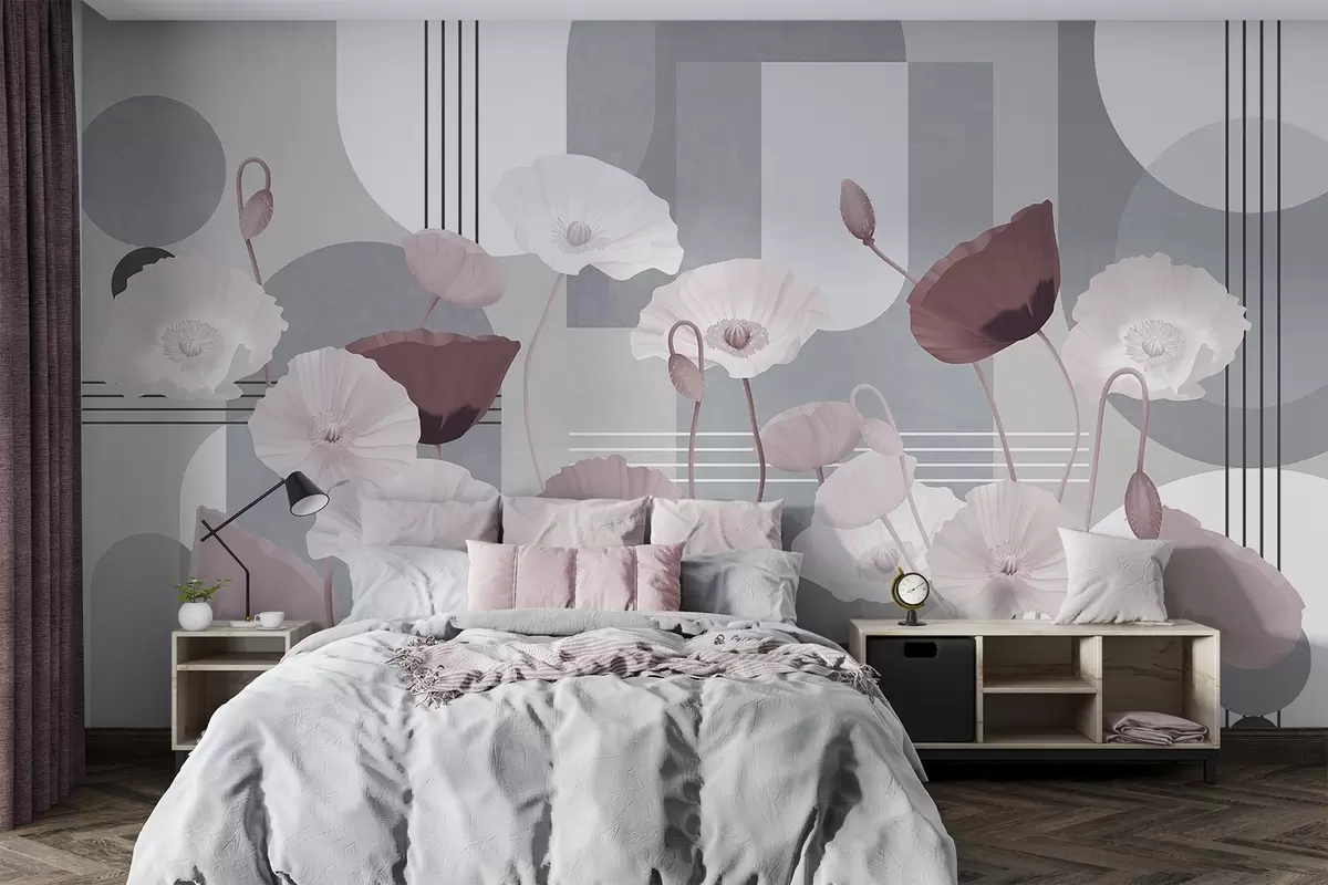 wall murals Poppies in white and gray colors with geometric shapes in the background, circles and arches, minimalist style, soft colors w09289v1