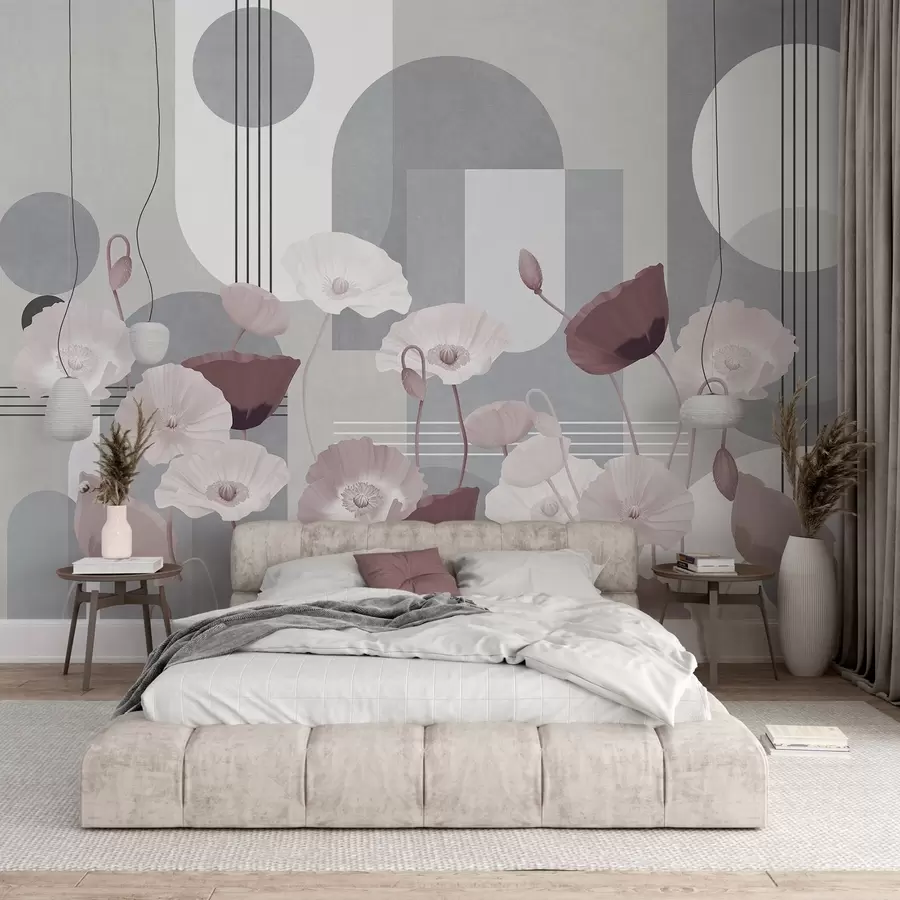 wall murals Poppies in white and gray colors with geometric shapes in the background, circles and arches, minimalist style, soft colors w09289v1