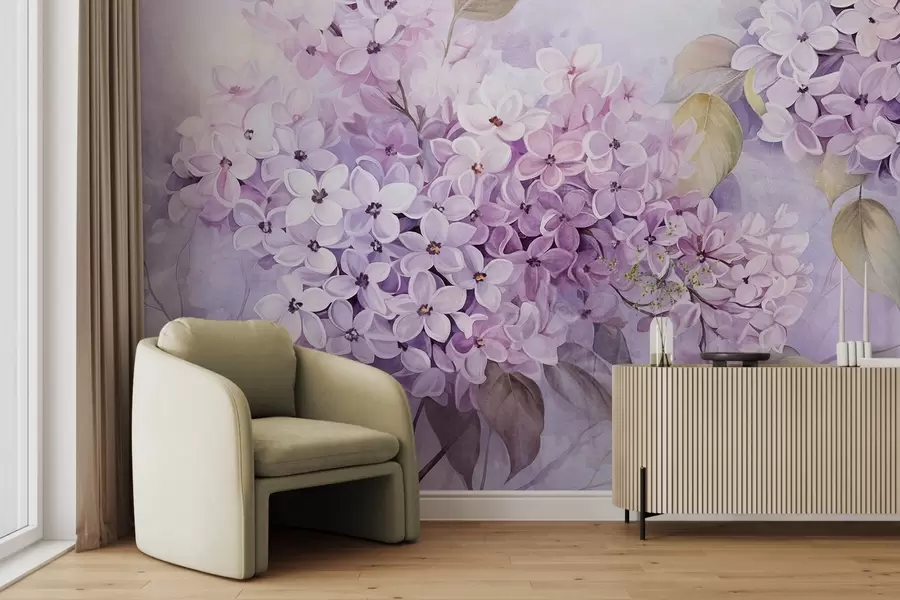 wall murals Lilac textured flowers with light purple petals, light green leaves, watercolor style, soft, pastel colors, delicate brushstrokes w09291