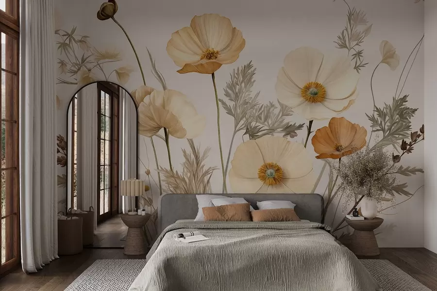 wall murals Orange and white vintage textured poppies with thin stems and leaves, light beige background, watercolor style w09293