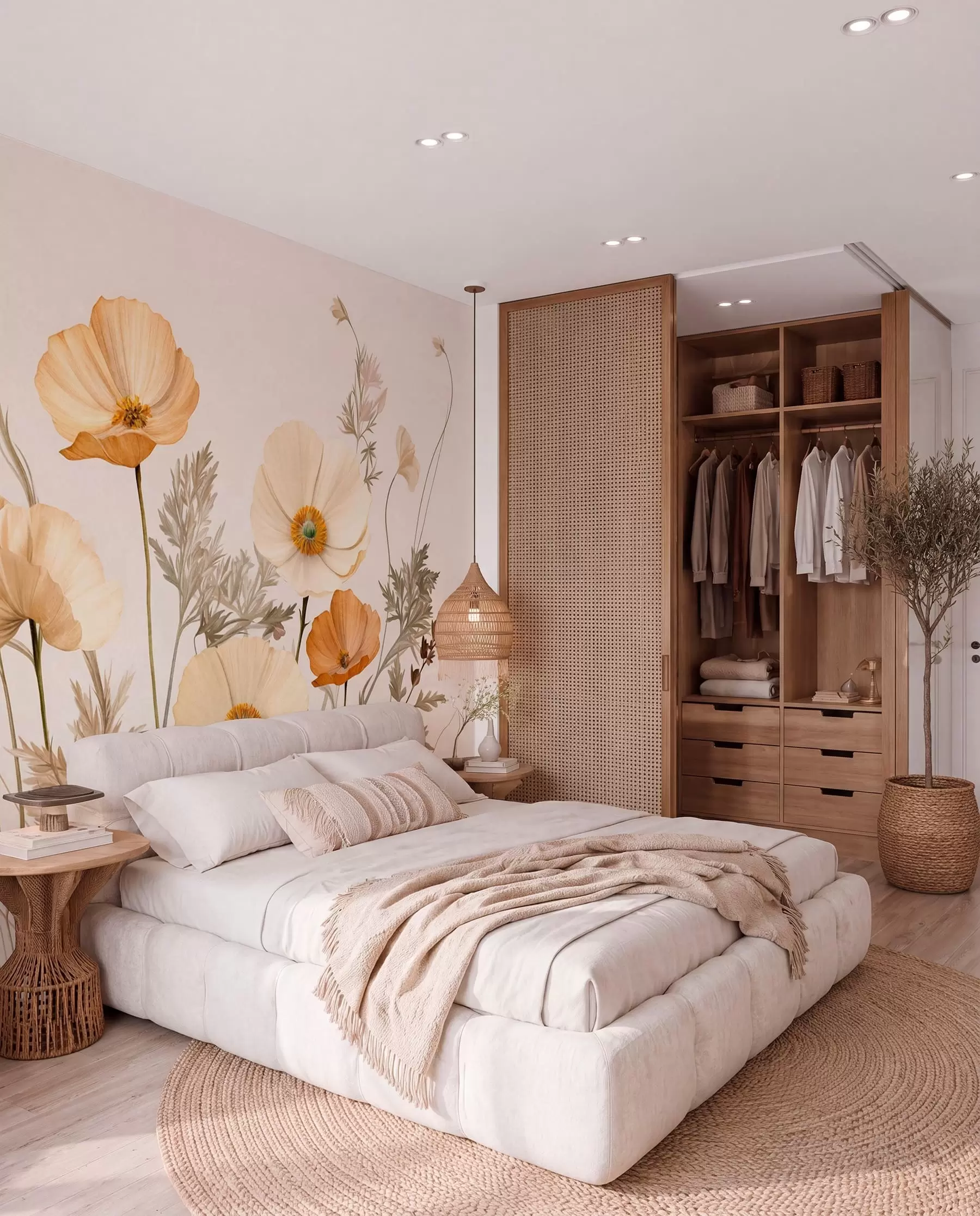 wall murals Orange and white vintage textured poppies with thin stems and leaves, light beige background, watercolor style w09293