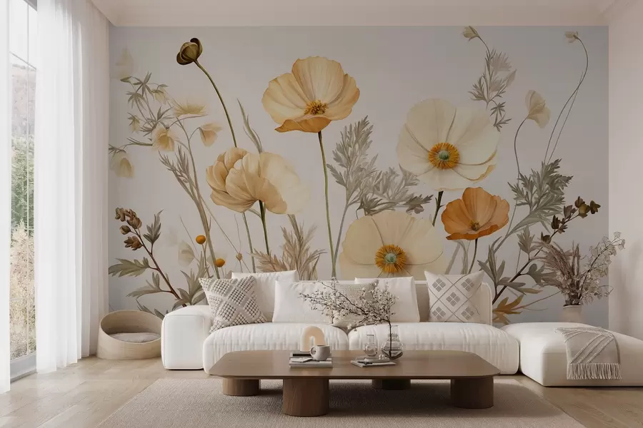 wall murals Orange and white vintage textured poppies with thin stems and leaves, light beige background, watercolor style w09293