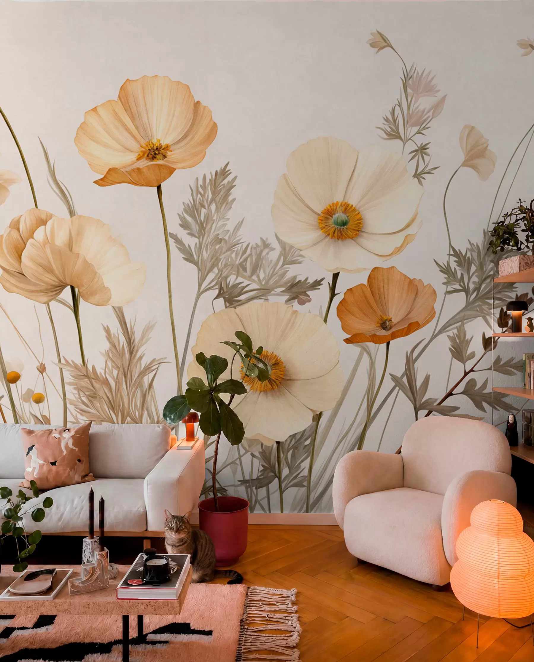 wall murals Poppies in Ochre and Ivory w09293